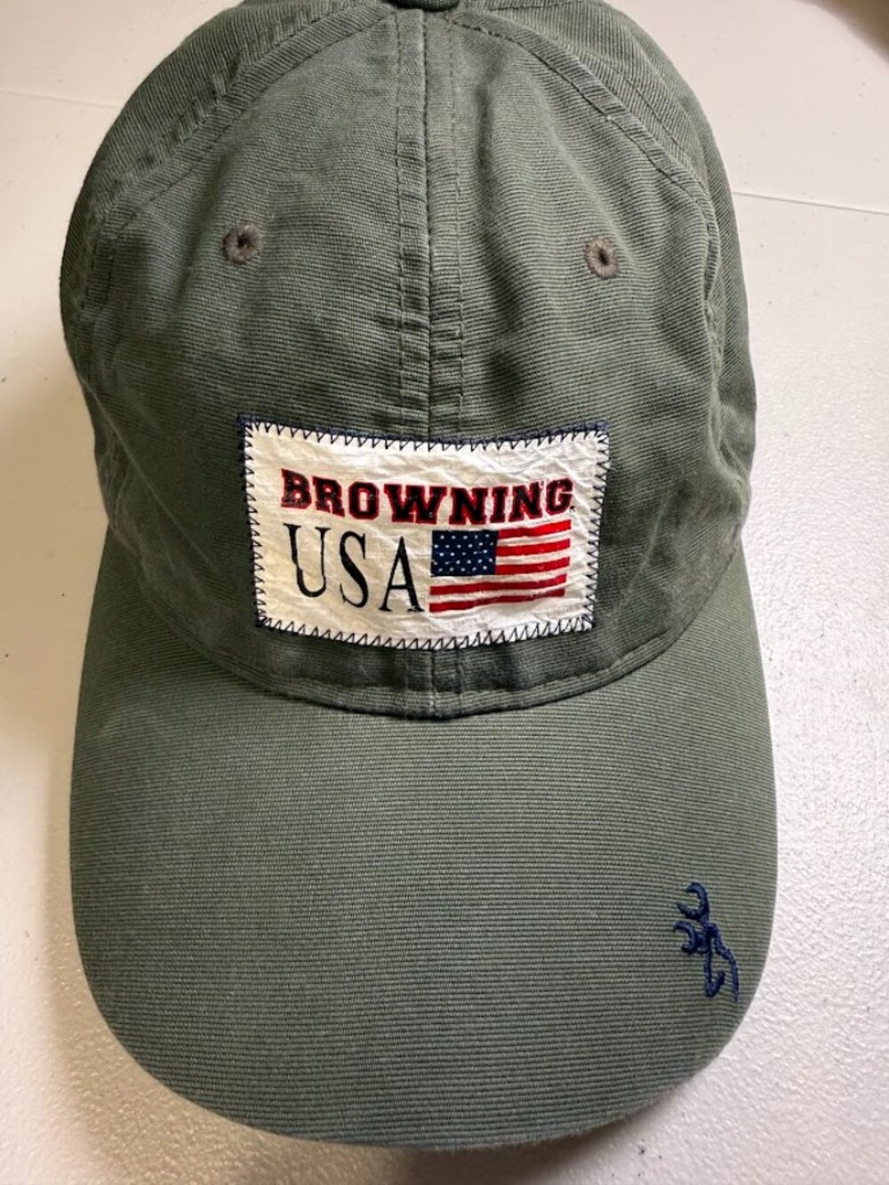 Browning USA Flag Patch Hat Mens OSFA Olive Green Washed Cotton Dad Cap